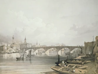 London Bridge, van boven de brug, gegraveerd door William Simpson (1823-99), uitgegeven 1852 door Lloyd Bros. en Co.